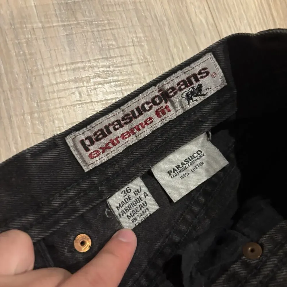 Vintage Parasuco Jeans Mens 34x30 Black Denim Baggy Dragon Embroidered Y2K JNCO